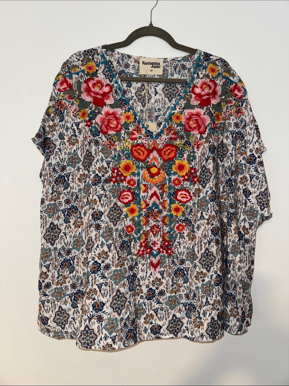 Savanna Jane Blue/Teal Floral Red/Orange Embroidered V-Neck Tunic, Size 1X